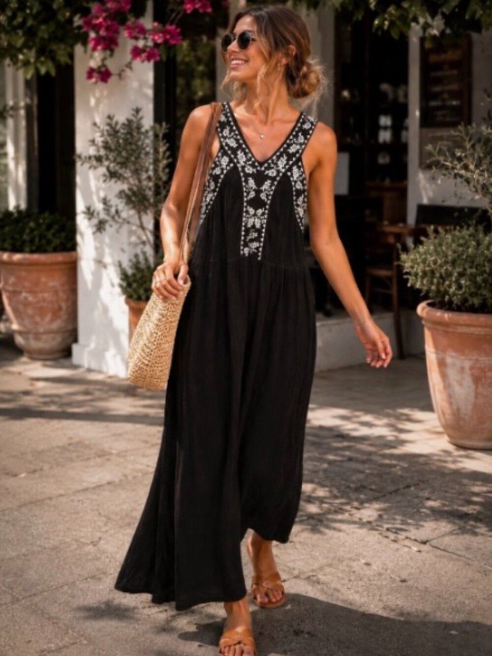 NWOT Cupio Black Maxi Dress White Embroidered Yoke Boho Size XL